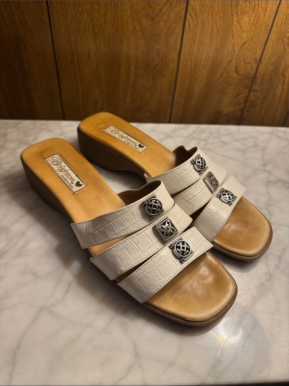 Brighton Cream Croc-Texture Triple Strap Slide Sandals with Silver Accents
